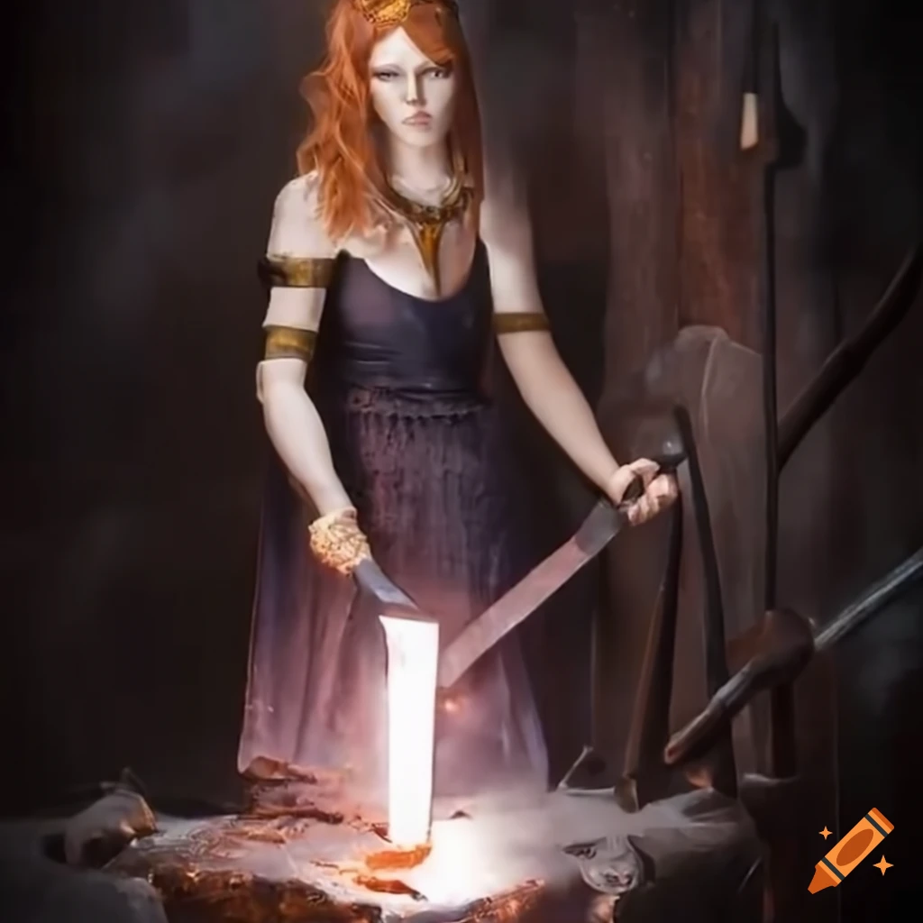 artwork of a blacksmith goddess forging a crystal sword