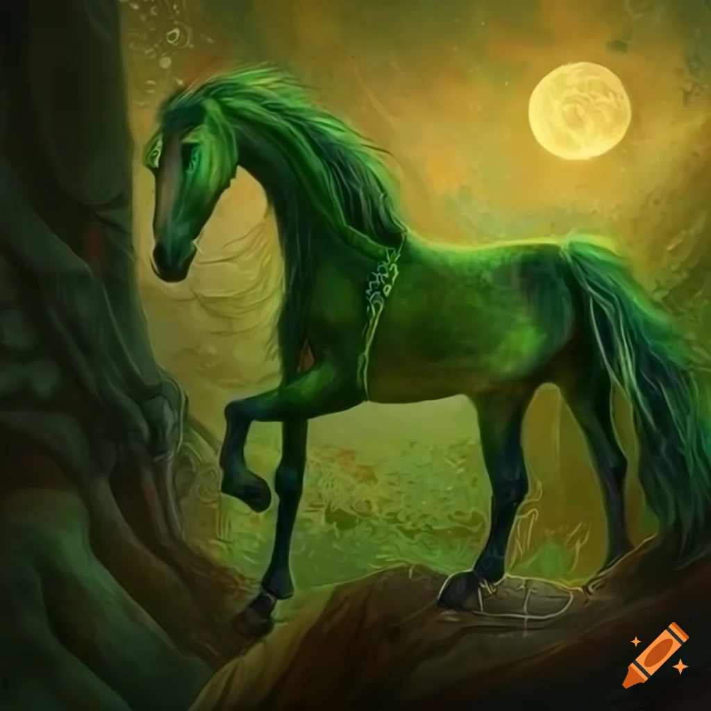green tapestry of a horse in fantasy art style