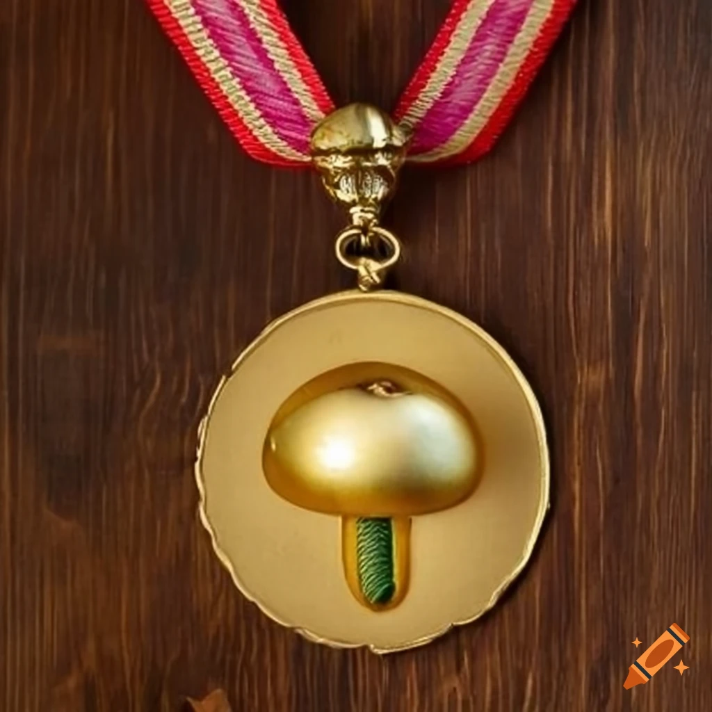 antique golden mushroom shaped medal on wooden table