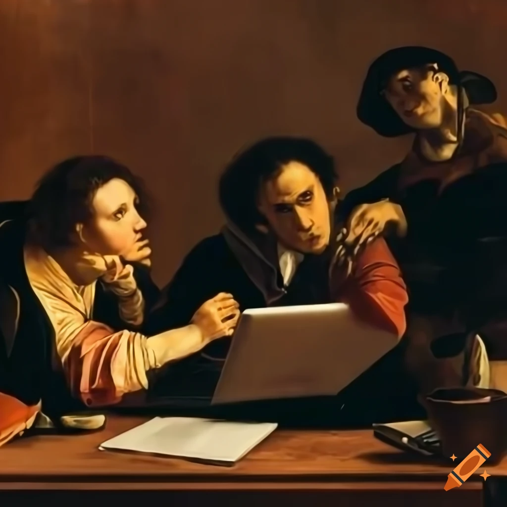 Caravaggio-inspired painting of three music teachers working in a ...
