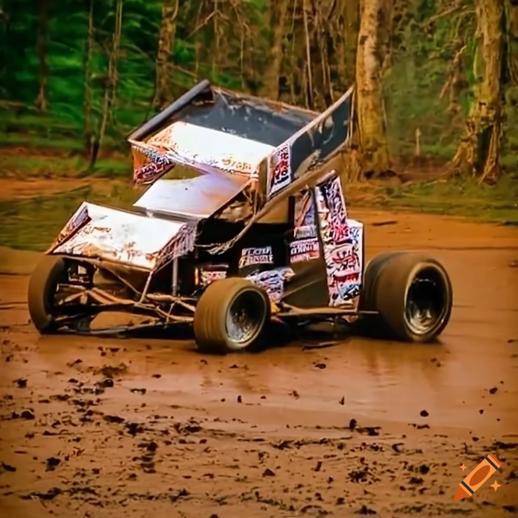 Sprint car racing in muddy track on Craiyon