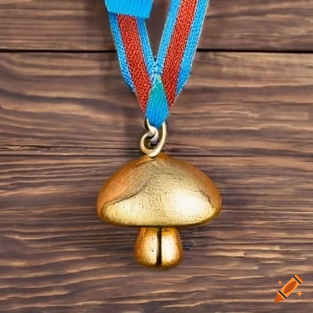golden antique mushroom-shaped medal on wooden table