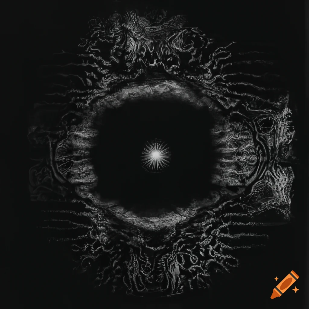 Black and white acid-etched illustration of the eye of sauron on Craiyon