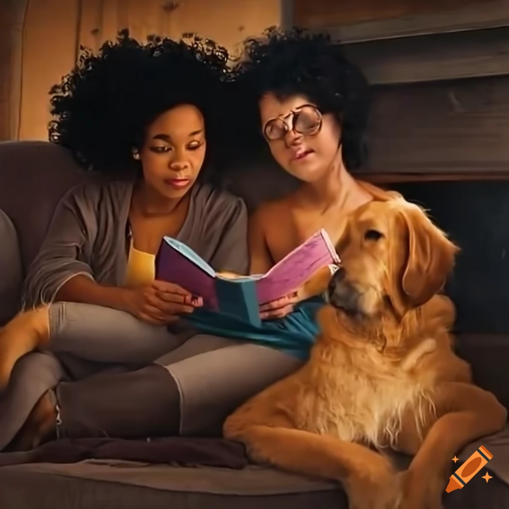 two women with curly hair reading by the fireplace in a cabin