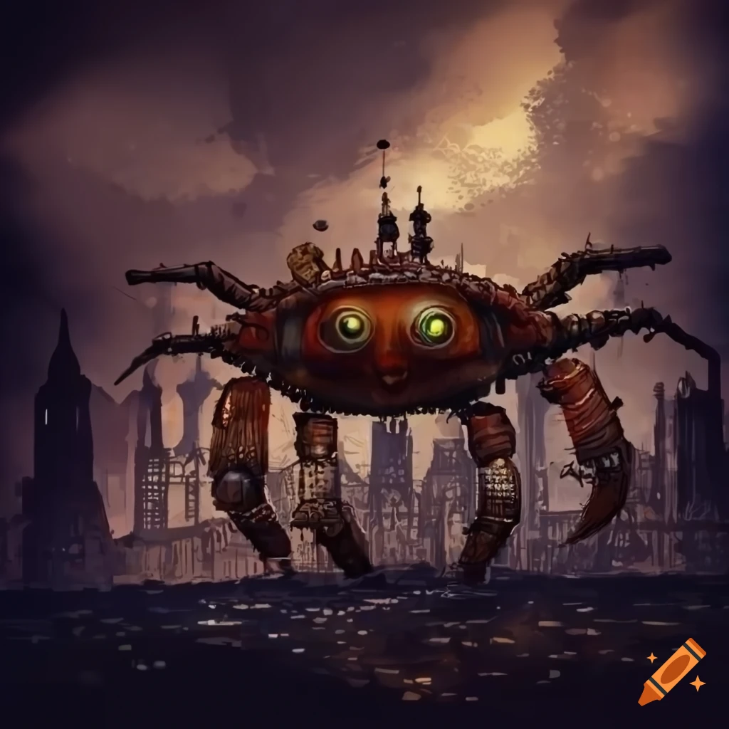 steampunk crab robot with ruby eyes