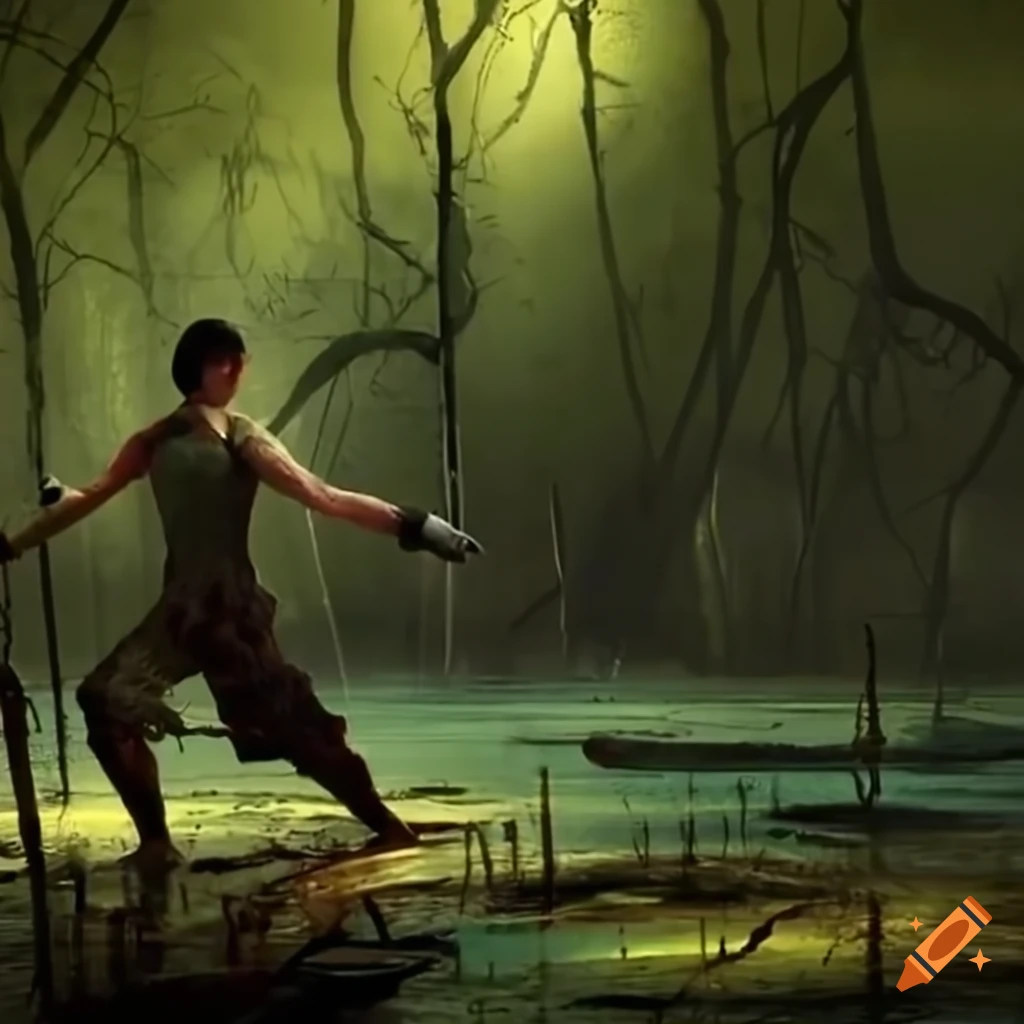 fencers dueling in a mystical swamp