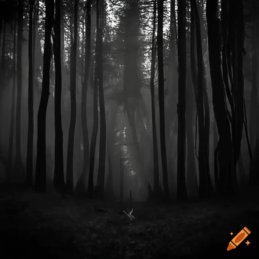 black and white depiction of a lifeless forest