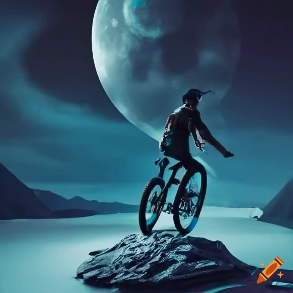 scifi mountain biker riding on the moon