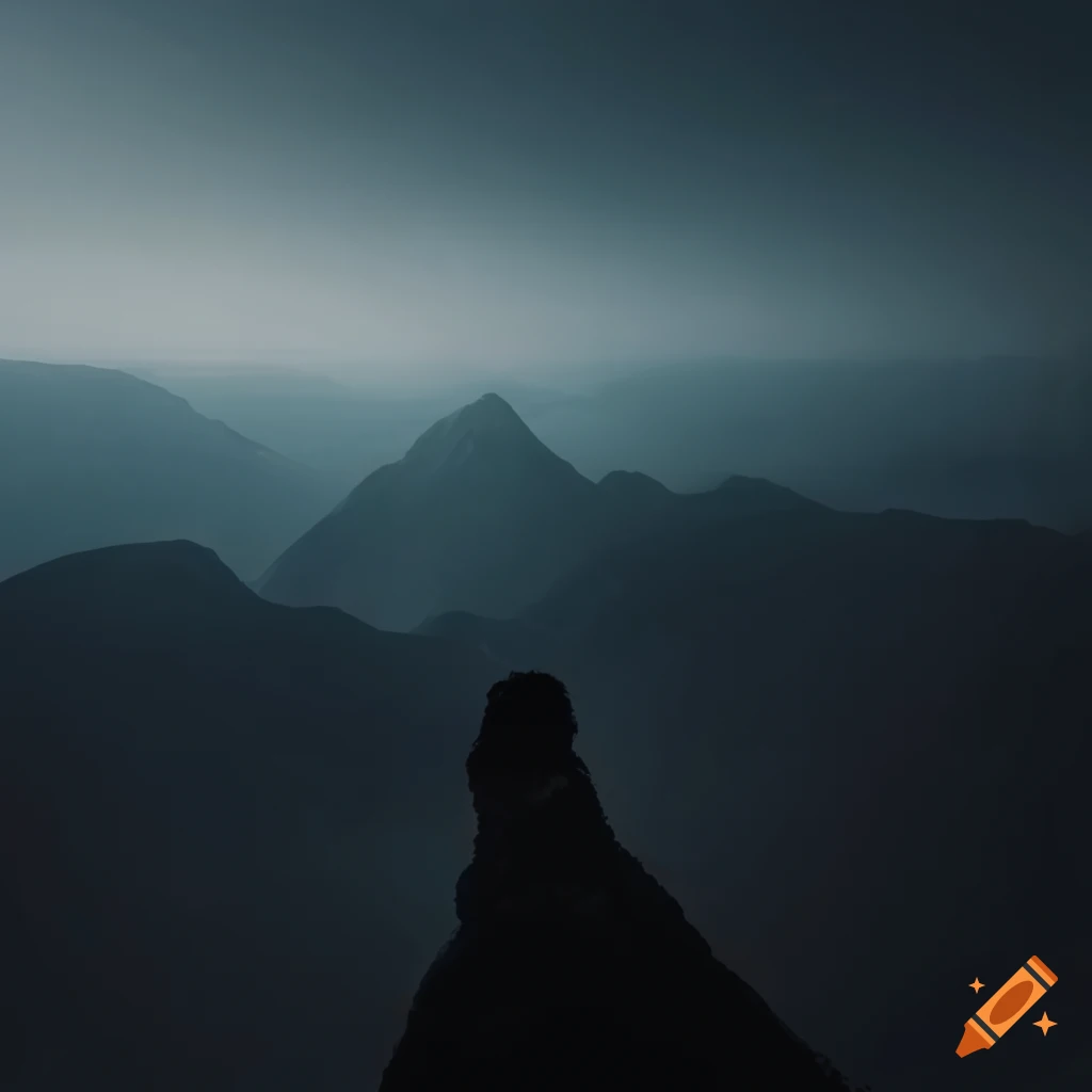 dark themed landscape with a person on a mountain top