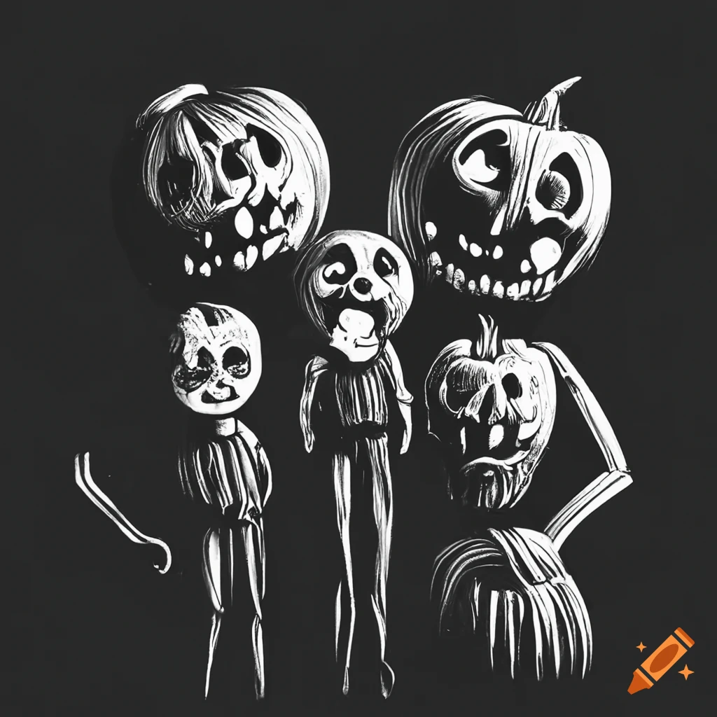 vhs-filtered family portrait with pumpkin heads
