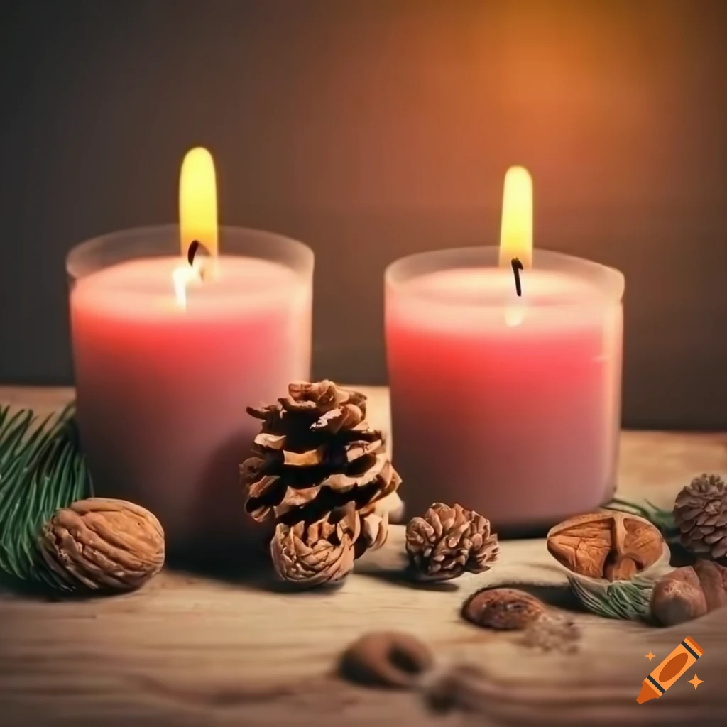 wooden surface with spruce cones, branches, candle, and nuts