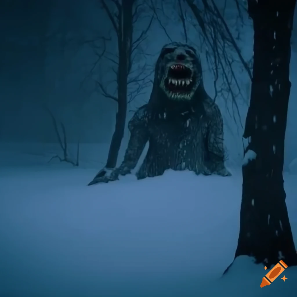 wide shot of a terrifying snow monster in a snowstorm