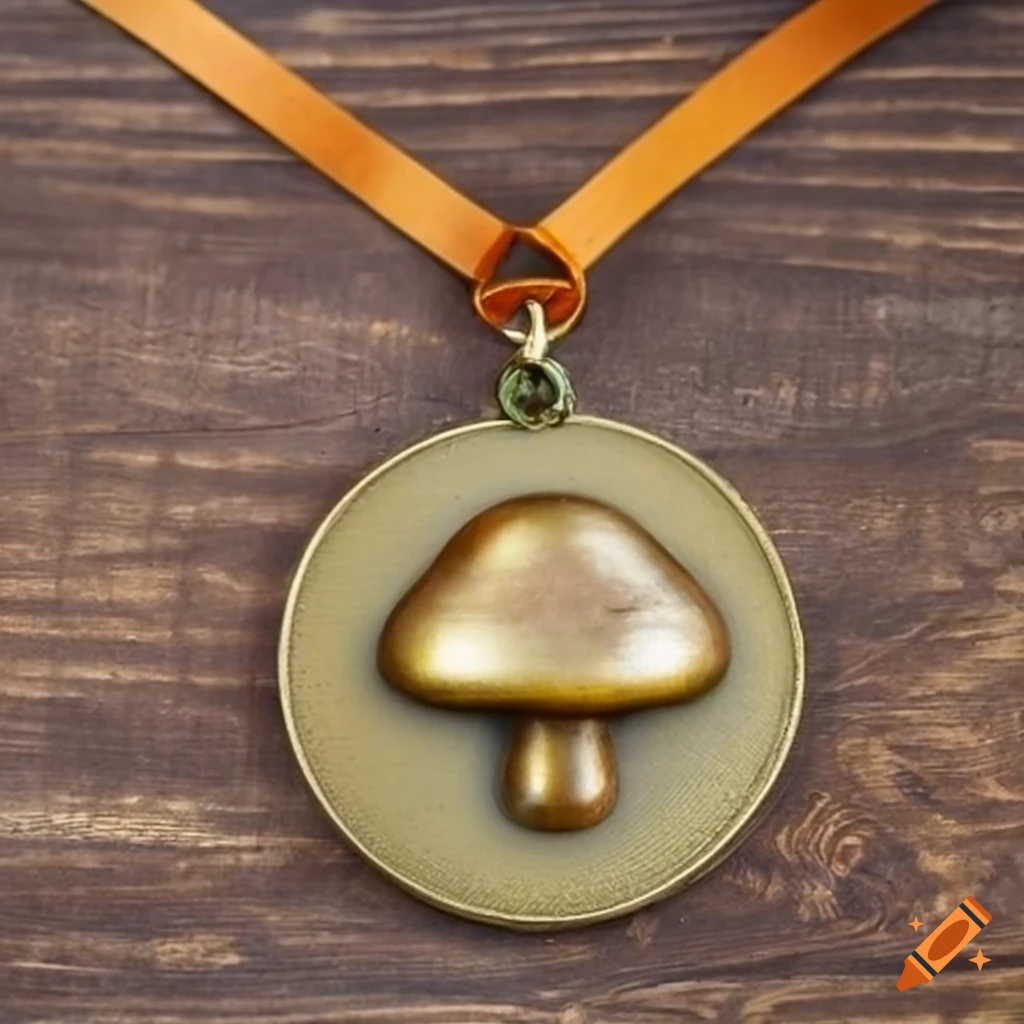 antique golden mushroom shaped medal on a wooden table