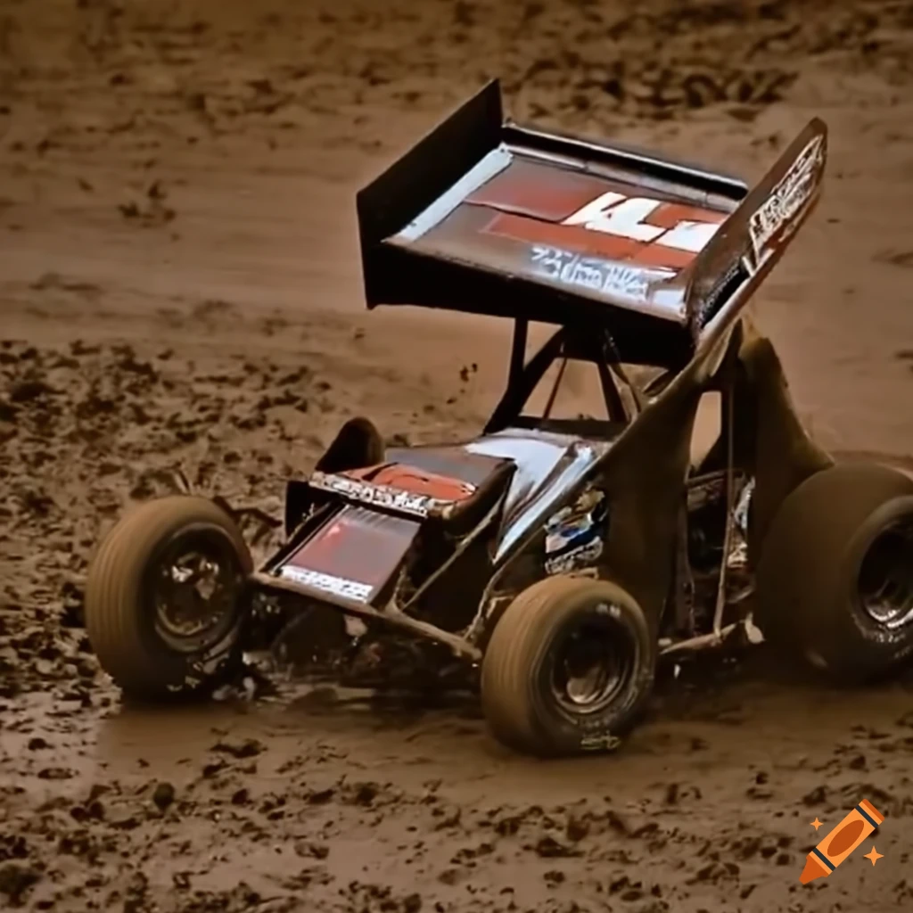 Sprint car racing in muddy track on Craiyon