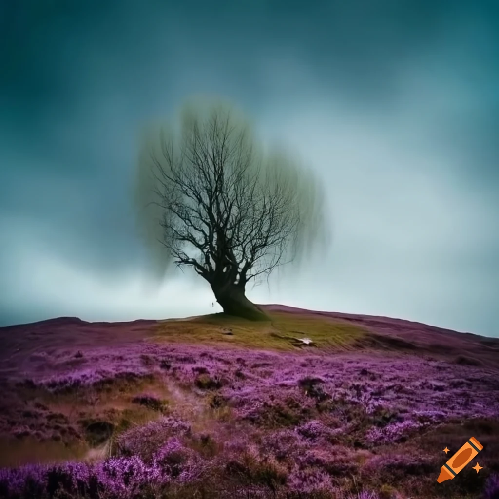 haunting lone willow tree surrounded by heather