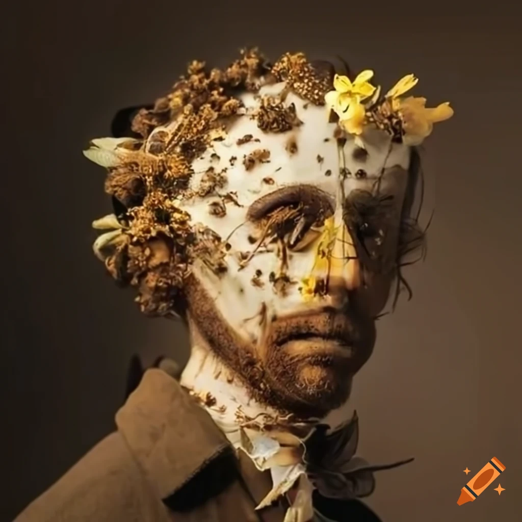 man covered in bees with flowers on head