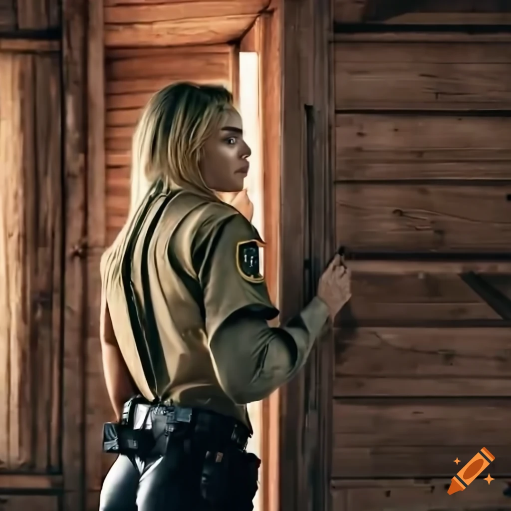 rear view of a policewoman looking through a barn door