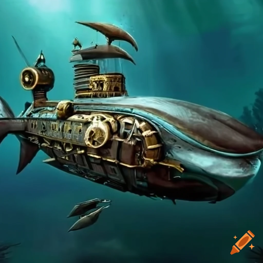 Image of a steampunk shark-submarine on Craiyon