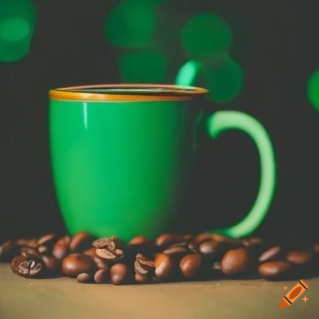 taza de café sobre fondo verde con granos de café