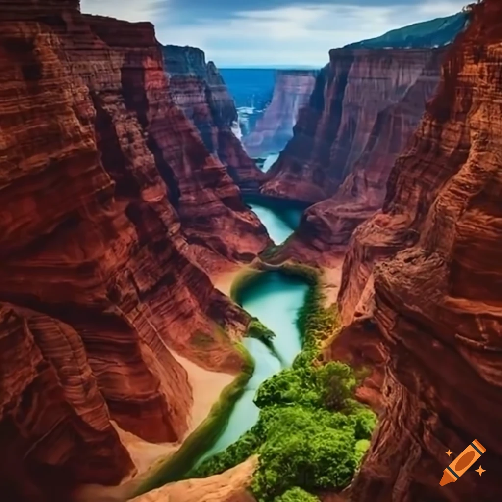 scenic view of a canyon with plants and river