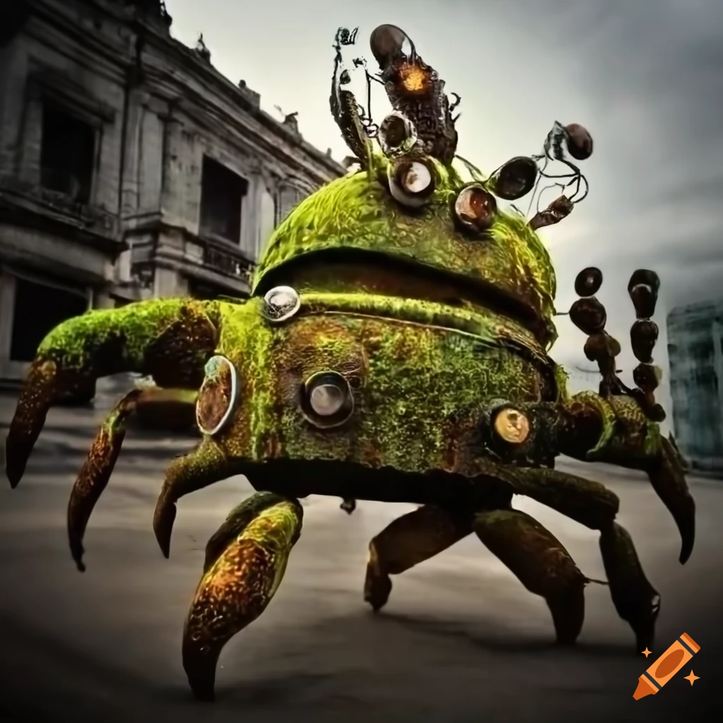 steampunk crab robot with ruby eyes in Havana city