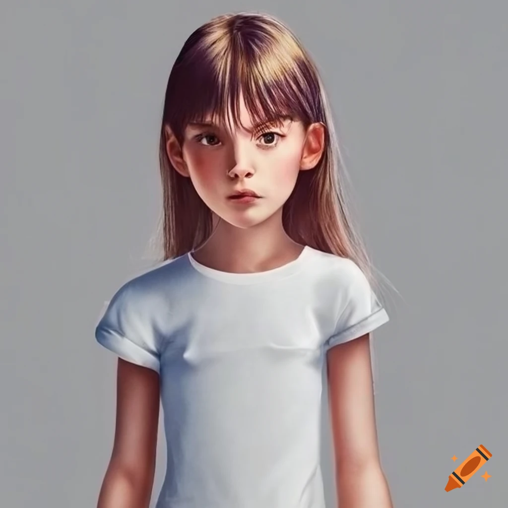 realistic portrait of a young girl in a white T-shirt and blue shorts