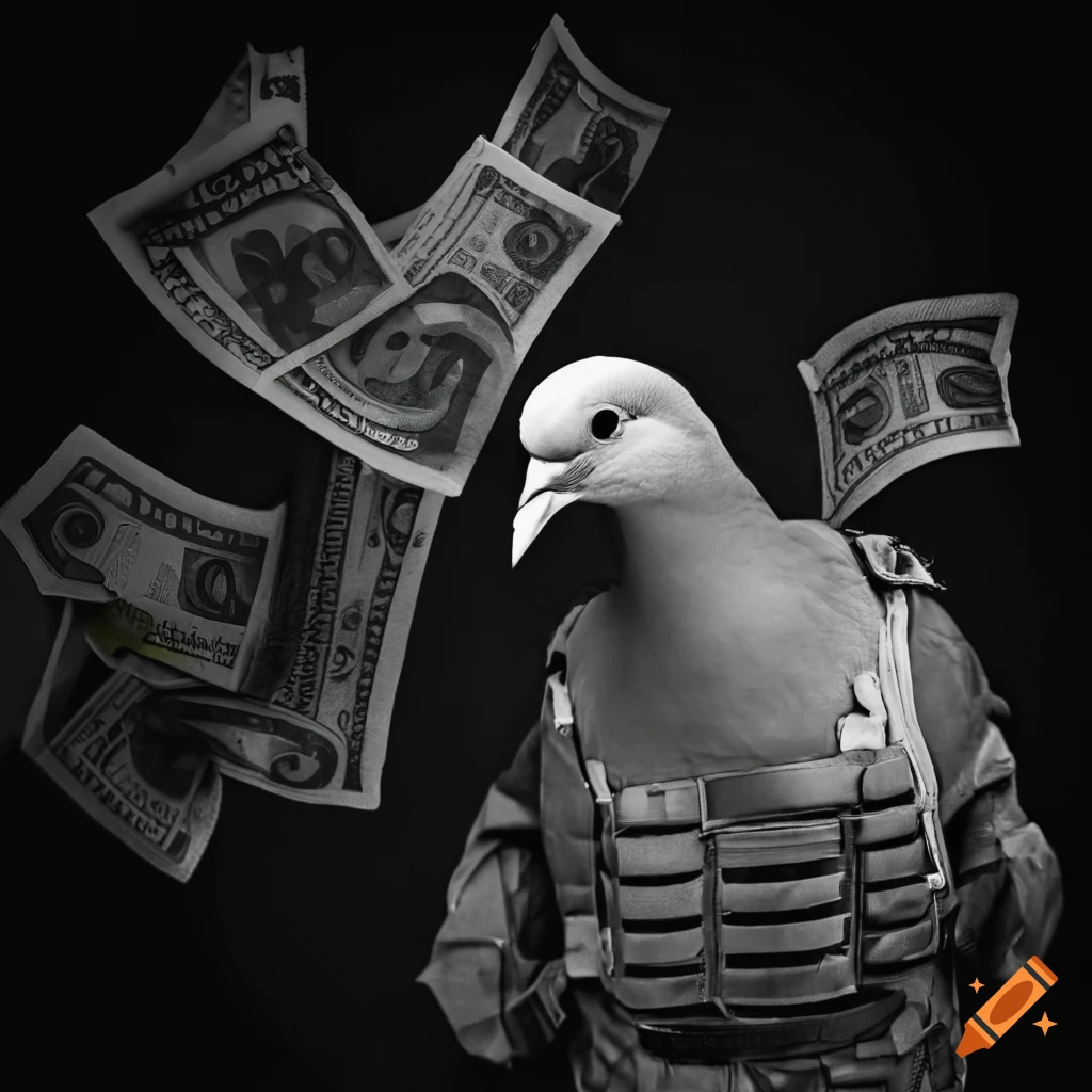 black and white photo of a dove with ballistic vest