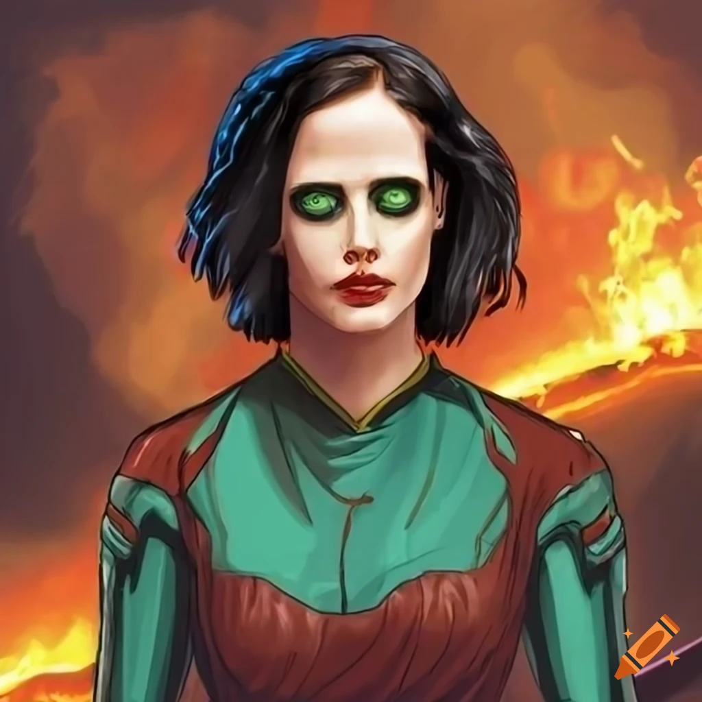 Cartoon art of eva green as romulan praetor shinzon with glowing green eyes