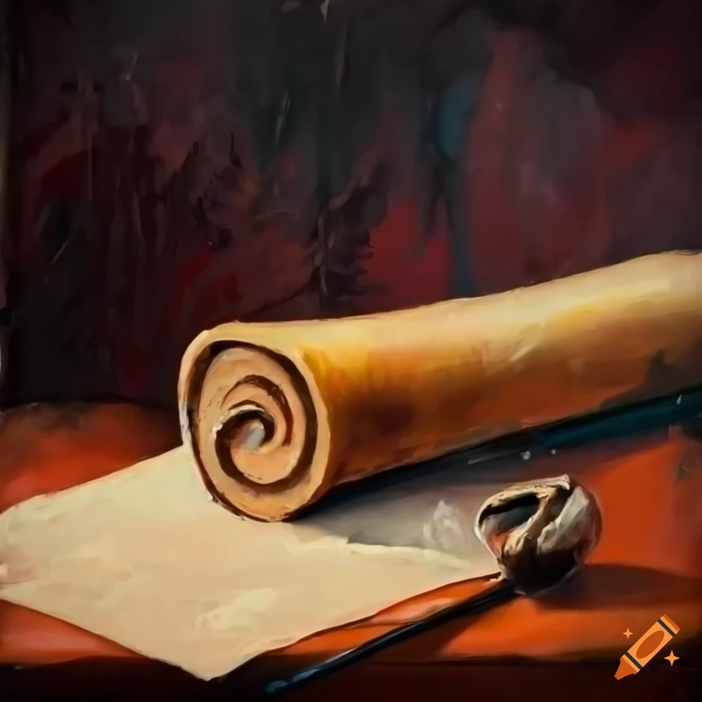 knife palette painting of a rolled up scroll on a desk