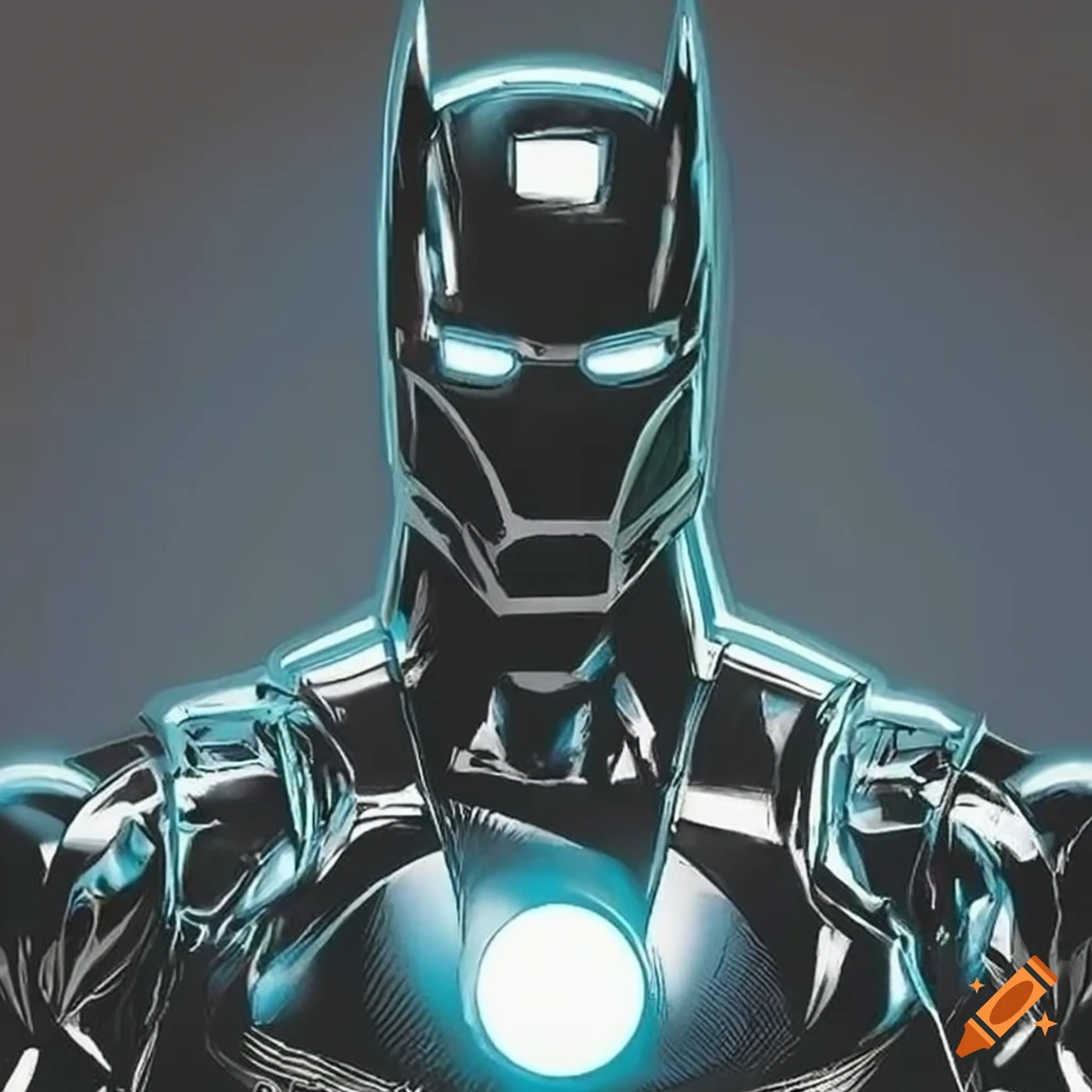 black chrome superhero inspired by Iron Man and Batman