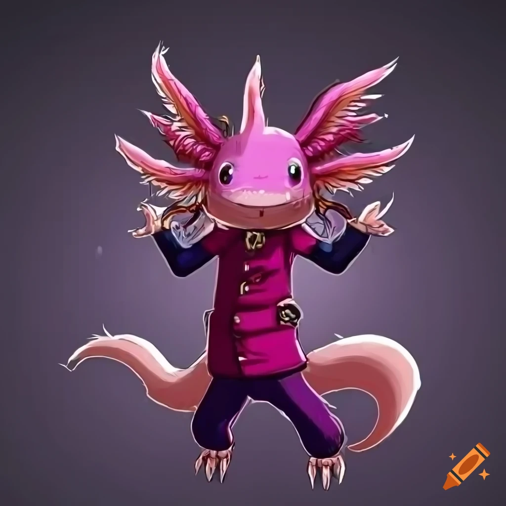 brave male axolotl character with green eyes
