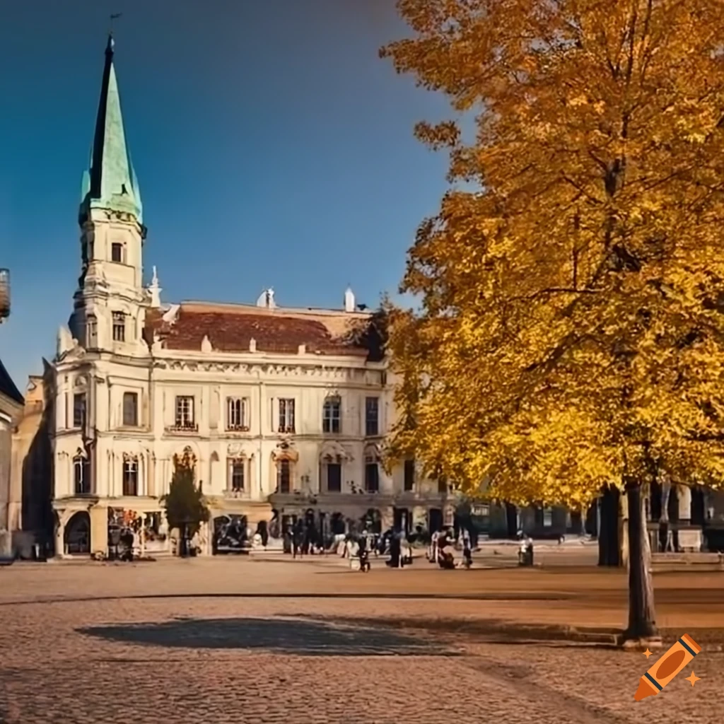 summer in a Hungarian town square with autumn trees