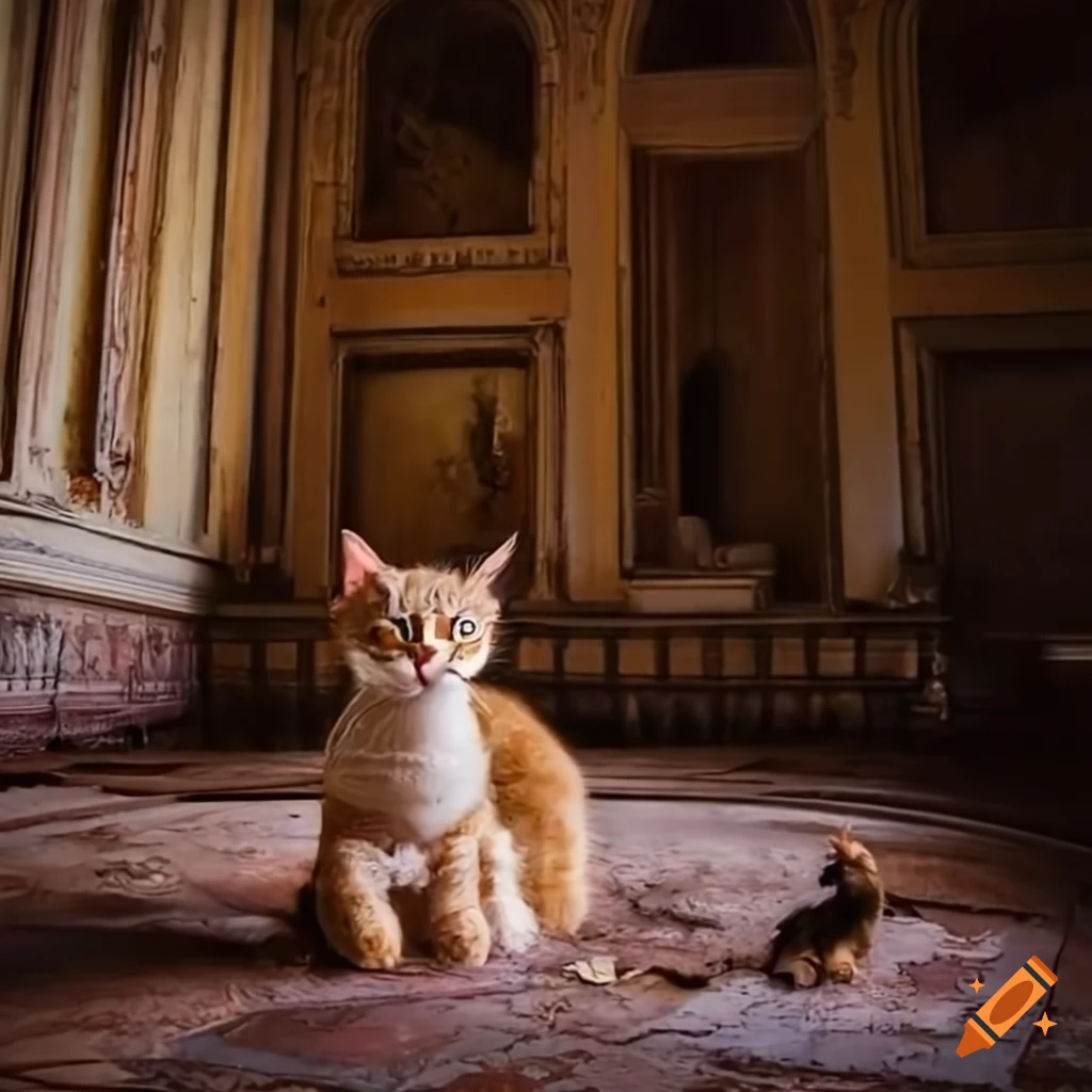 playful poodle doll and orange cat in an abandoned palace