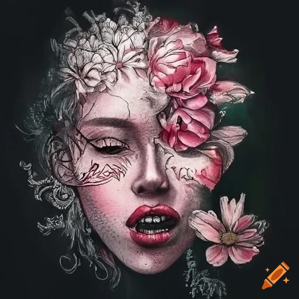 Artistic representation of flowers blooming from the mouth on Craiyon