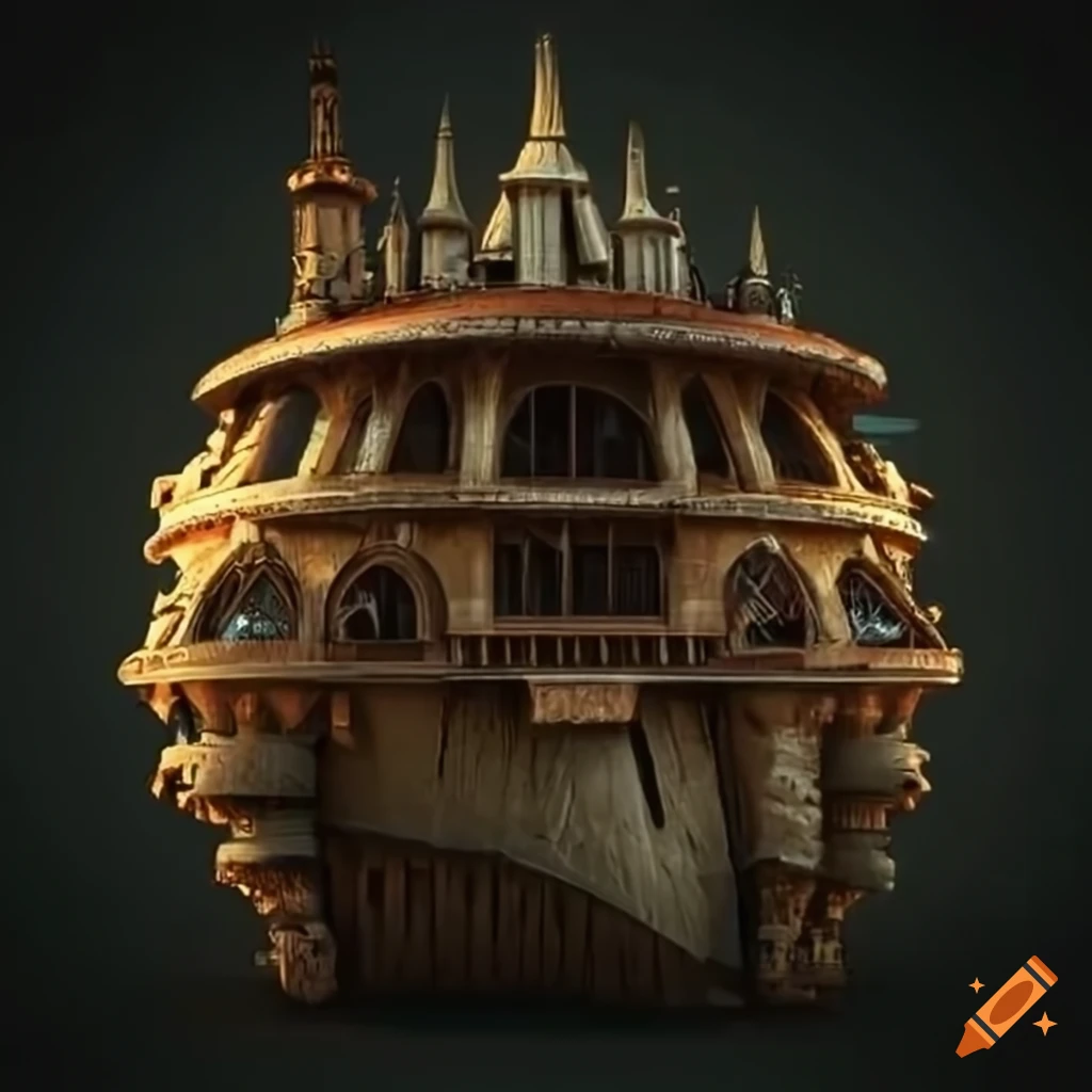 Steampunk city with a unique tree-building in the square on Craiyon