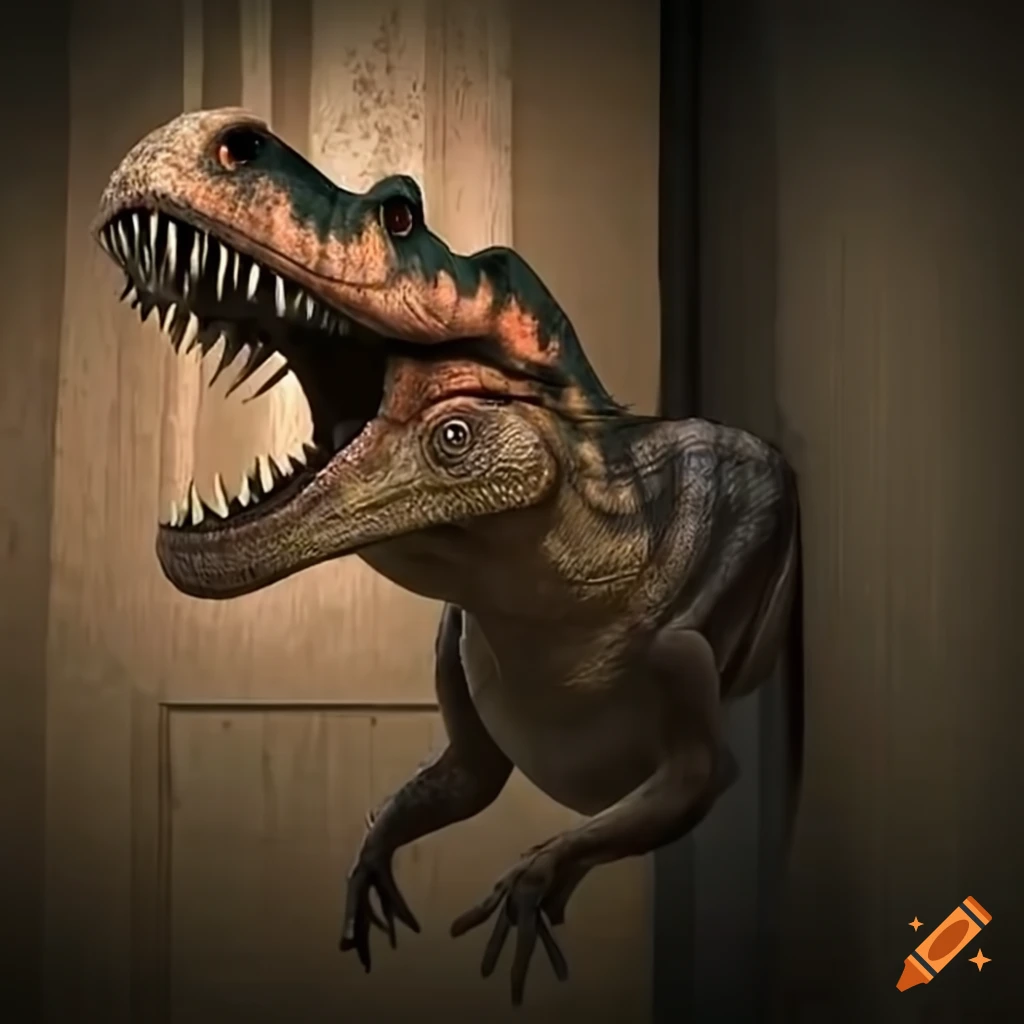 Ceratosaurus peeking through a basement doorway