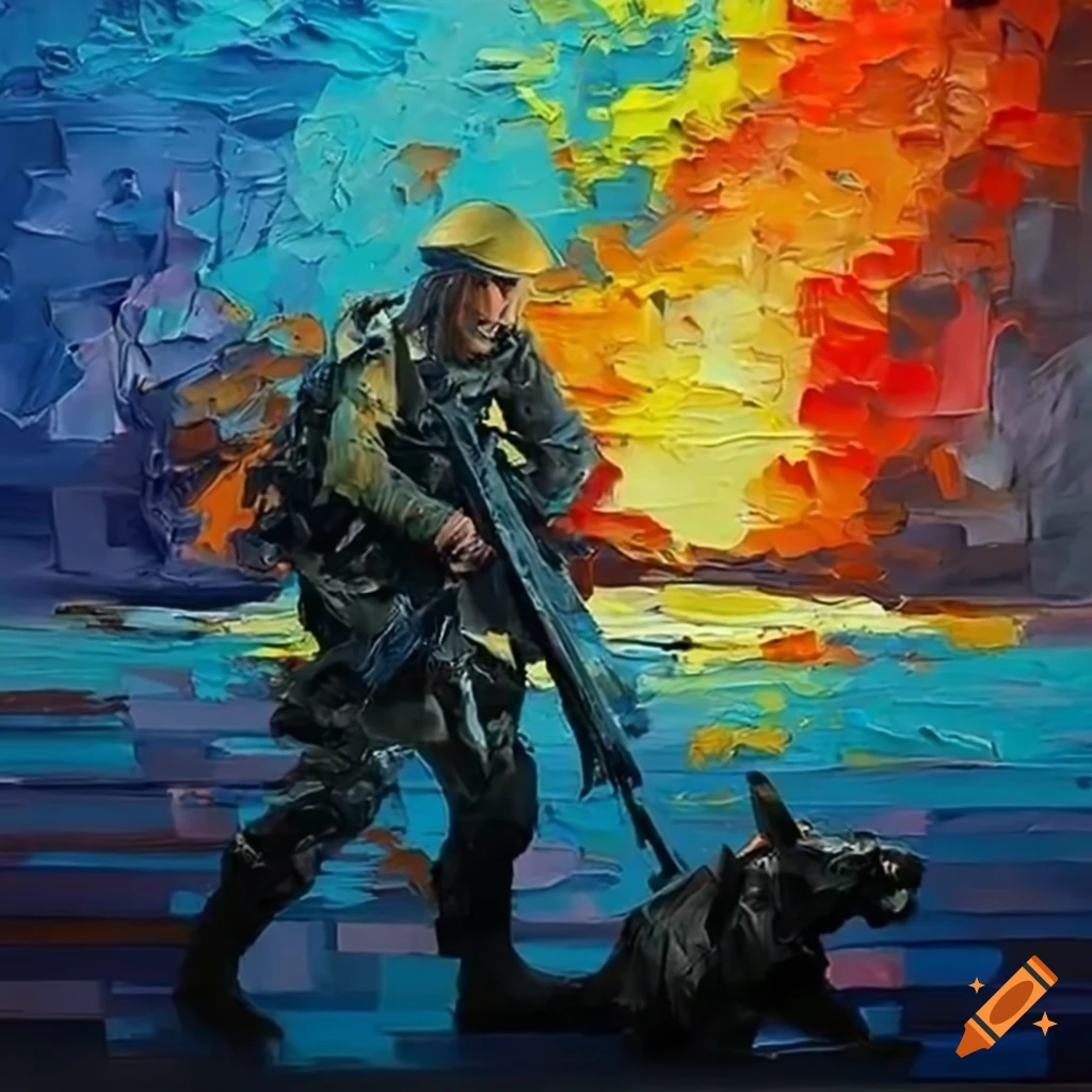 knife palette painting depicting modern day war