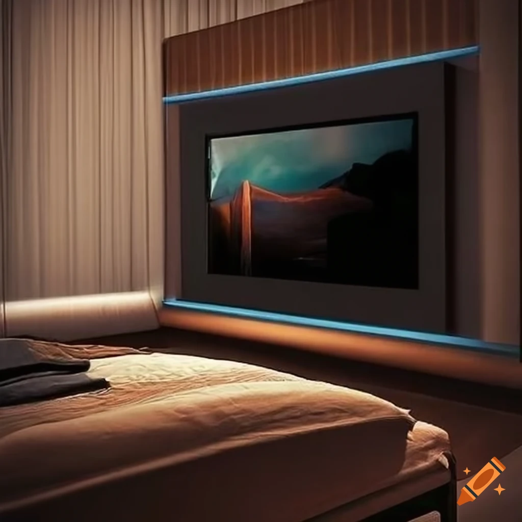 Hotel room with big screen tv and bed on Craiyon