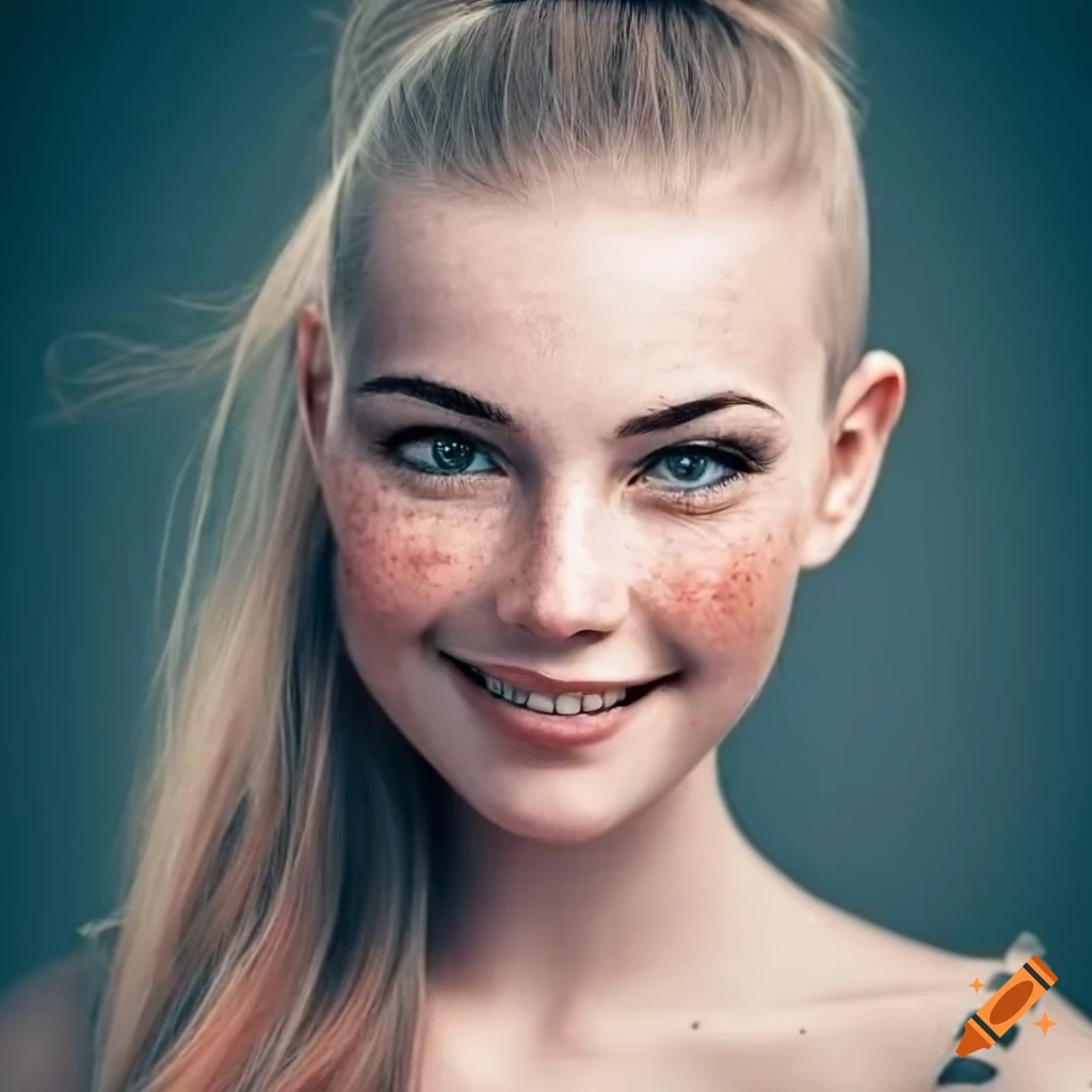 Portrait of a beautiful young woman with freckles and blonde hair on ...
