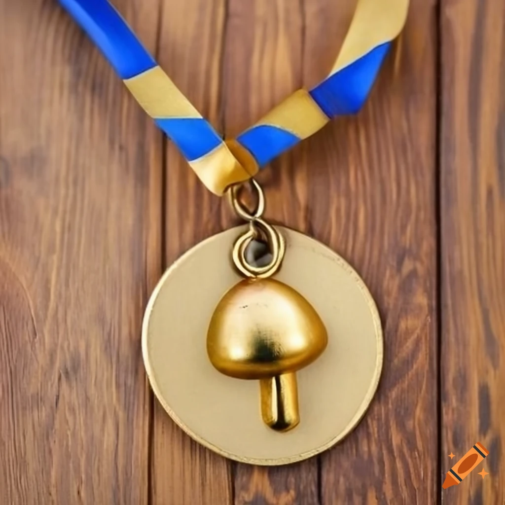 golden mushroom shaped antique medal on wooden table