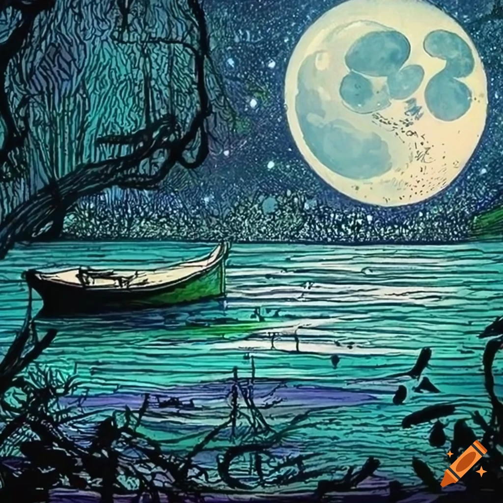 Pen and ink landscape artwork with magical boat under moonlight on Craiyon