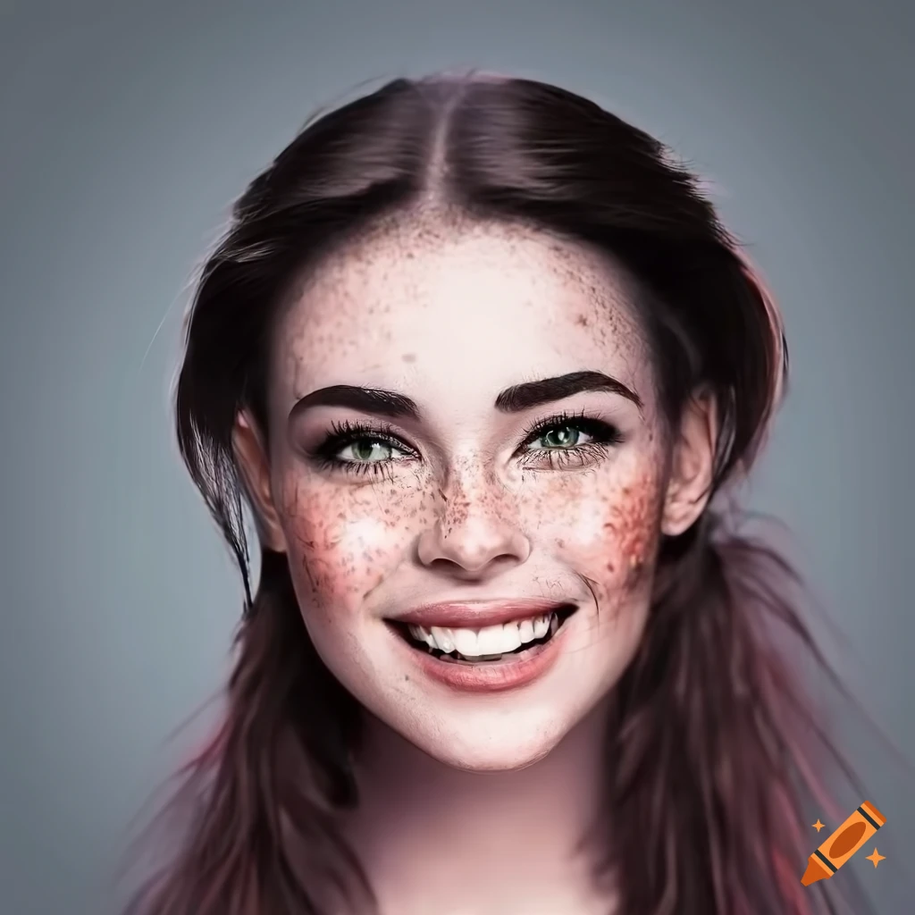Portrait of a young woman with freckles and dark hair on Craiyon