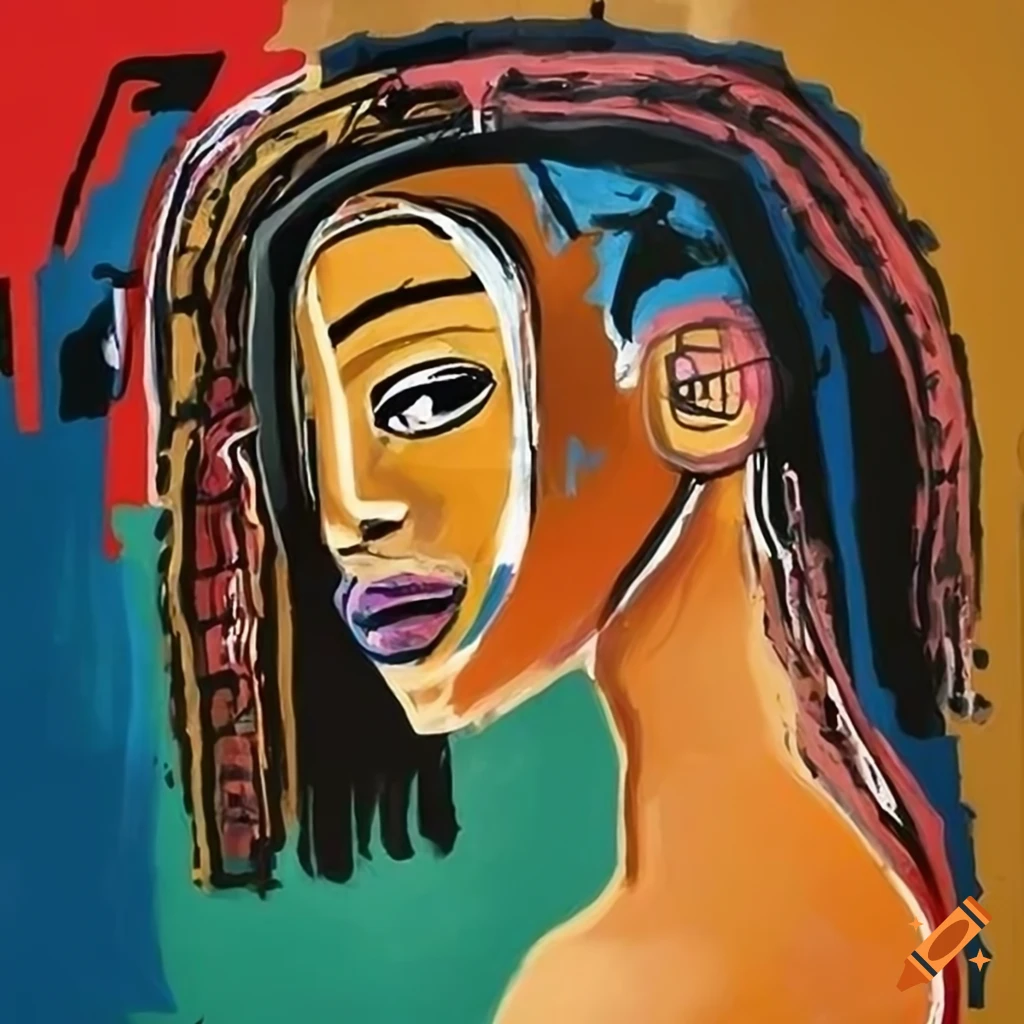 African woman portrait with influences from Matisse, Basquiat, and Egyptian murals