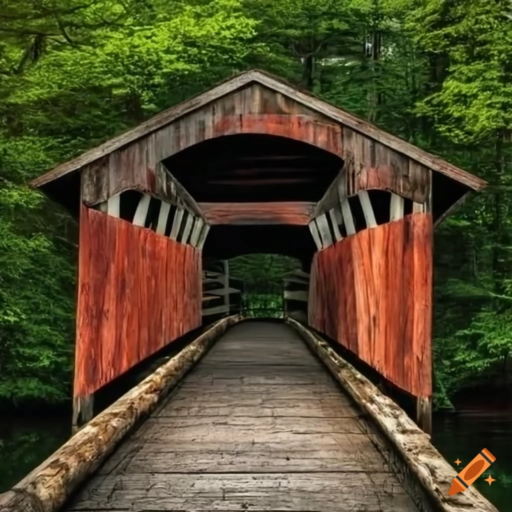 Covered bridge over a river with wooden rocks on Craiyon
