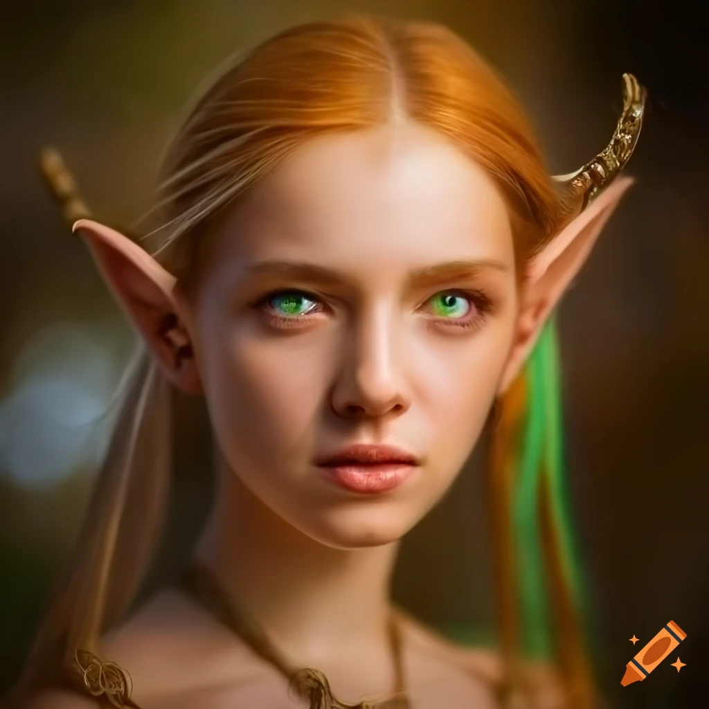 Portrait of a young wood elf with honey colored hair and emerald eyes ...