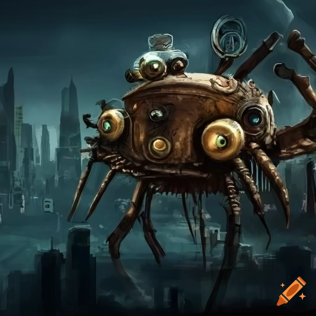Surreal steampunk crab robot with ruby eyes on Craiyon