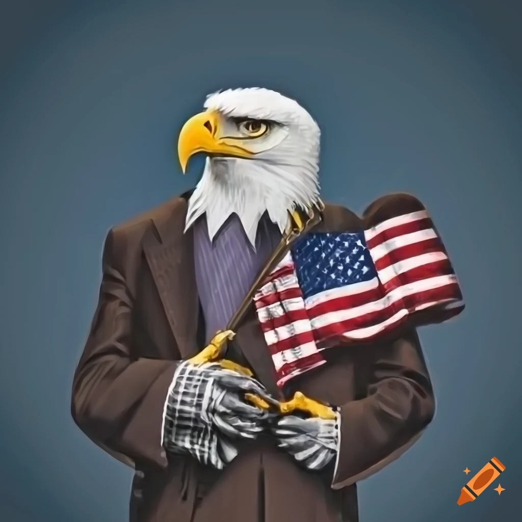 Eagle in a pinstripe suit holding a fedora with american flag on Craiyon