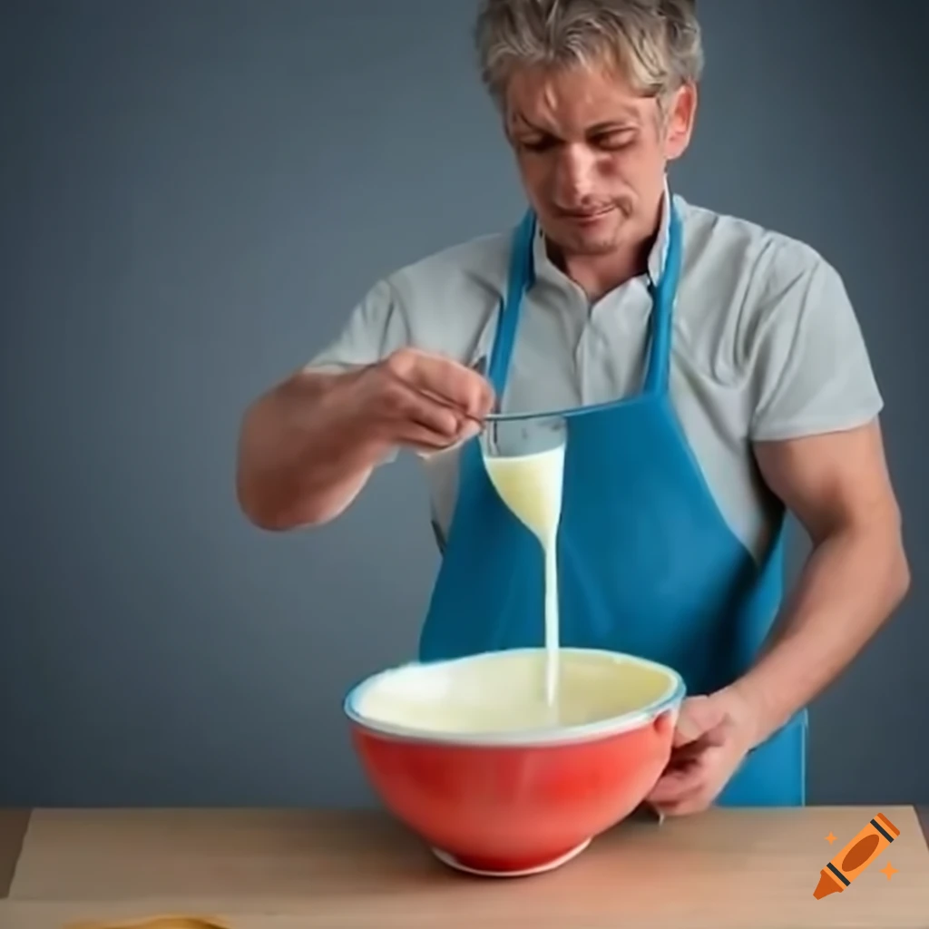 man stirring a large bowl of yoghurt