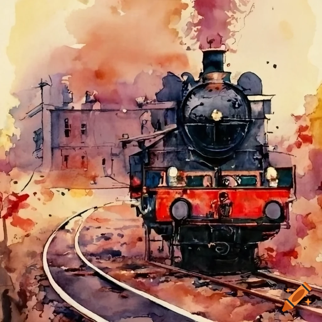 Aquarelle painting of an old steam engine train on Craiyon