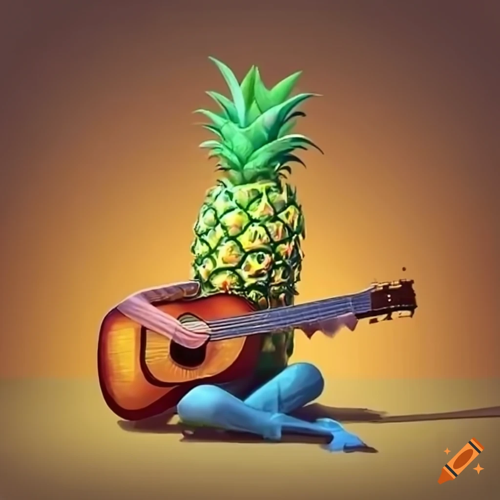 Animated pineapple playing guitar with a hat